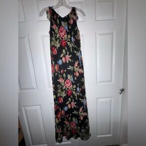 Positive Attitude Open Back Black Dress with Red and Green Floral Pattern